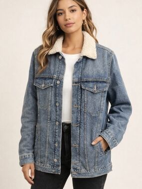 H&M Sherpa Lined Denim Jacket Shacket Cozy Oversized Blue Jean Coat